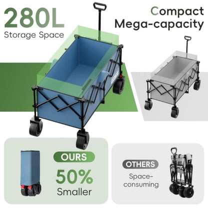 46" L Collapsible Foldable Extended Wagon, 500LB Weight Capacity with 280L Heavy Duty Folding Cart,Utility Wagon with All-Terrain Beach Wheel & Drink Holders,Light Blue - color: Light Blue