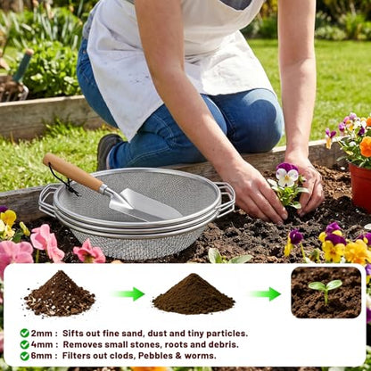 3PCS Soil Sifter 2,4,6mm Rock Sifting Screen with Handle Shovel Gloves - size: 3PCS(1/9in,1/6in,1/4in)