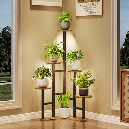 Corner Plant Stand Indoor with Grow Lights 6 Tiered Corner Plant Shelf - color: Rustic Brown(with Lights), size: 6 Tier-Round