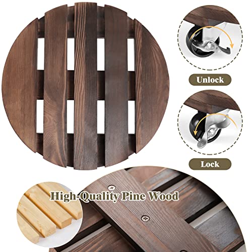 HOHY 2PCS Plant Caddy 12" Plant Stand with Wheels Wood Rolling Plant Stand