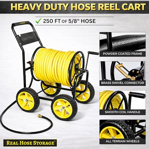 4-Wheel Hose Reel Cart, Heavy Duty Hose Reel, Holds 250ft of 5/8" Hose - size: 250ft Garden Hose Capacity