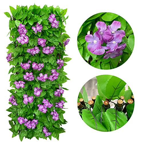 86 York Expandable Fence Privacy Screen Faux Ivy Decorative for Outdoor Garden Wall Patio Balcony, Artificial Hedge Lattice Fencing(Single Sided Leaves) (4, Hydrangea-Purple) - color: Hydrangea-Purple