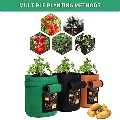 6-Pack 10 Gallon Grow Bags with Harvest Window, Thickened Fabric Plant Pots for Vegetables Potato Tomatoes Outdoor Gardening Containers with Reinforced Handles Mix (2xBlack,Green,Orange) - size: 10GAL-MIX