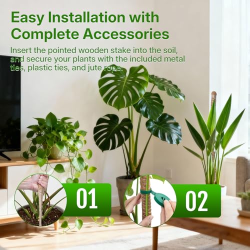 Mcbazel 2 Pack 31.5 Inch Bendable Moss Pole for Plants Monstera - Coco Coir Plant Support Stakes for Climbing Indoor Pothos, Potted Climbers & Philodendron - Flexible Stick Kit with Full Garden Ties - size: 2x80CM/31.5inch