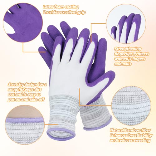 Thinp 2 Pairs Gardening Gloves, Outdoor Work Garden Gloves Breathable Rubber Coated Outdoor Protective Yard Glove with Grip for Women Men Garden Essentials (Green, Purple)