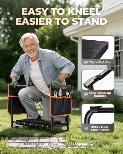 KVR Garden Kneeler and Seat with 2 Tool Pouches, Heavy Duty Foldable Gardening Stool, Portable Bench with Thick EVA Foam for Knee Support, Gifts for Seniors, Black/Orange