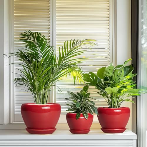 Ceramic Plant Pots, 10+8+6 Inch Ceramic Planters, Bright Red - color: Bright Red