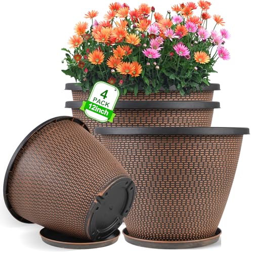 12 inch Pots for Plants, 4 Pack Large Outdoor Planter Pots with Saucers - color: Knit Pattern-black Copper, size: 12 Inch - 4Pack