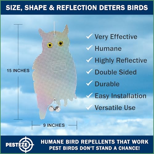 PESTEZE USA Owl Bird Repellent Holographic Decoy with 2 Bells [9 x 15 inch] to Deter Woodpeckers, Pigeons, Crows, Ducks, Geese & Critters Using Reflective Scare Patterns for Humane Property Protection