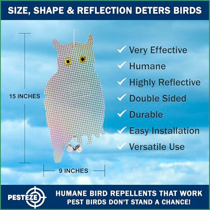 PESTEZE USA Owl Bird Repellent Holographic Decoy with 2 Bells [9 x 15 inch] to Deter Woodpeckers, Pigeons, Crows, Ducks, Geese & Critters Using Reflective Scare Patterns for Humane Property Protection