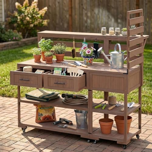 Roomfitters Garden Potting Bench with Wheels, Extra Wide Outdoor Potting Table and BBQ Prep Station, Storage Shelves, Brown - color: Brown