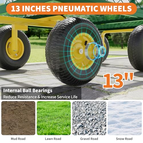3-in-1 Heavy-Duty Steel Garden Cart, 1400 Lbs Garden Wagon, with 13 Inch All-Terrain Tires and Removable Mesh Side Panels, 180° Rotating Handle, Metal Multi-Function Carts, Outdoor Gardens Wagon Cart - color: Green + Yellow, size: 1400 Lb