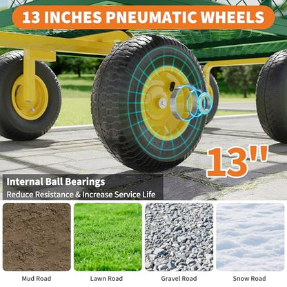 3-in-1 Heavy-Duty Steel Garden Cart, 1400 Lbs Garden Wagon, with 13 Inch All-Terrain Tires and Removable Mesh Side Panels, 180° Rotating Handle, Metal Multi-Function Carts, Outdoor Gardens Wagon Cart - color: Green + Yellow, size: 1400 Lb