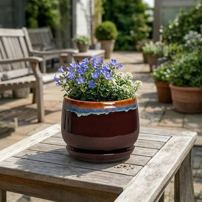 Ceramic Planter, 7 Inch Plant Pots with Drainage, Brown-Blue - size: 7 Inch, style: Brown-blue