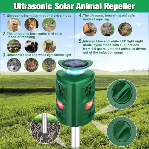 Solar Ultrasonic Squirrel Deer Repellent,Cat Repellent Outdoor,360 ° Solar Animal Repellent with Waterproof IP66 Motion Detection,Skunk Dog Raccoon Repellent Devices for Yard Garden Lawn Outdoor-Olive
