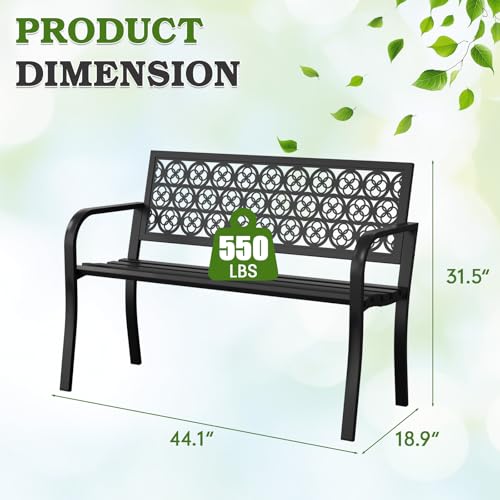 44" Outdoor Garden Bench, Iron Metal Frame Patio Bench with Backrest and Armrests, Weatherproof Anti-Rust Outdoor Bench for Front Porch, Park, Yard, Patio (411-Black) - size: 44" - 411-BLACK