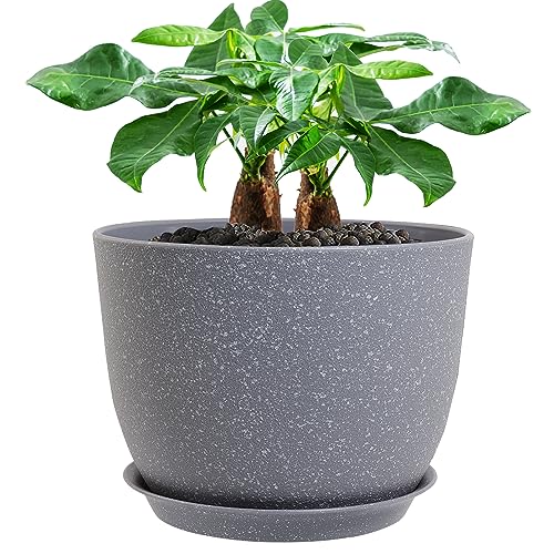 UOUZ 12inch Large Plant Pot, Modern Plastic Planter with High Driange Holes and Saucer for Indoor Outdoor Garden Plants and Flowers, Grey Speckles - color: Grey Speckles