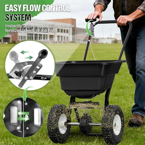 PPOLB Broadcast Spreader for Lawns, 80LB Fertilizer Spreader with 25-Level Flow Control, Walk Behind Lawn Seed & Salt Spreader, 0–10FT Coverage, Hopper Screen, Rain Cover, 12" Pneumatic Wheels - size: 80LBS