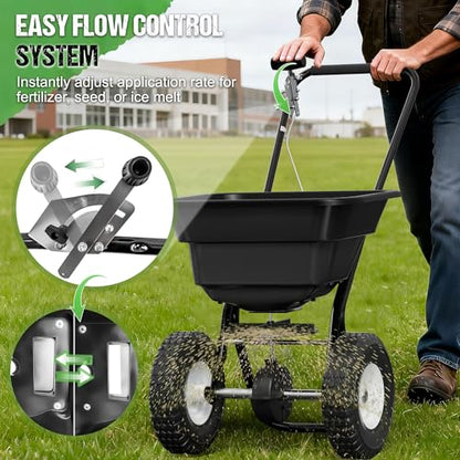 PPOLB Broadcast Spreader for Lawns, 80LB Fertilizer Spreader with 25-Level Flow Control, Walk Behind Lawn Seed & Salt Spreader, 0–10FT Coverage, Hopper Screen, Rain Cover, 12" Pneumatic Wheels - size: 80LBS