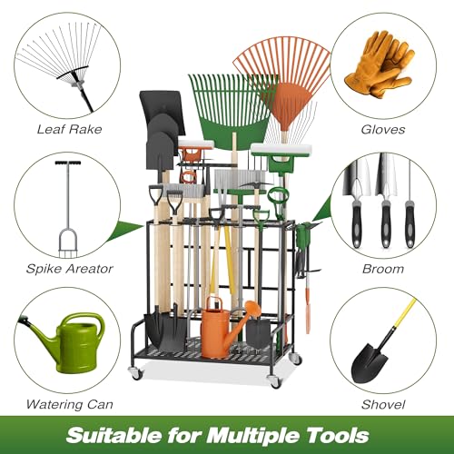 Garden Tool Organizer Rack with Wheels Up to 39 Tools, Heavy-Duty Steel Yard Tool Organizer for Garage Storage with 12 Hooks, Broom Holder & Garden Tool Rack for Shed, Patio, Outdoor Use, Black - style: Rack With Accessories