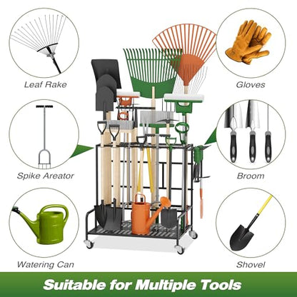 Garden Tool Organizer Rack with Wheels Up to 39 Tools, Heavy-Duty Steel Yard Tool Organizer for Garage Storage with 12 Hooks, Broom Holder & Garden Tool Rack for Shed, Patio, Outdoor Use, Black - style: Rack With Accessories