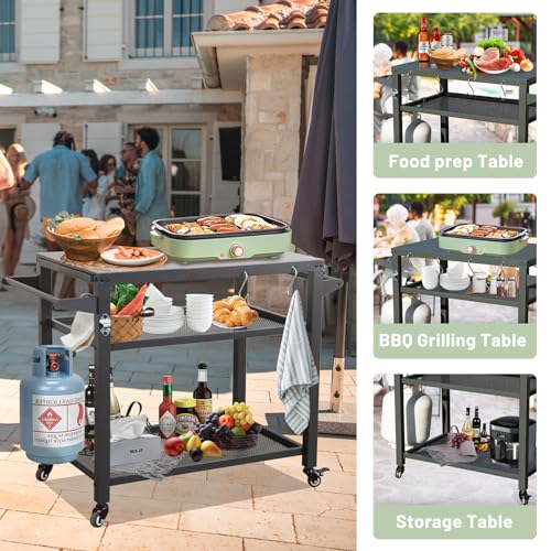Domi 3-Shelf Outdoor Grill Table, Grill Cart Outdoor with Wheels, Pizza Oven and Food Prep Table, Blackstone with Stainless Steel Tabletop, BBQ Stand for Blackstone Griddle for Outside BBQ - style: Stainless Steel Tabletop+Solid Shelf