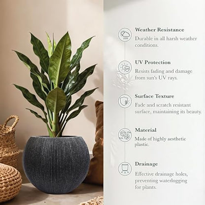 11.8" H x 14.5" Dia Large Round Plastic Black Planter with Drainage & Plug - color: Mediterranean Black