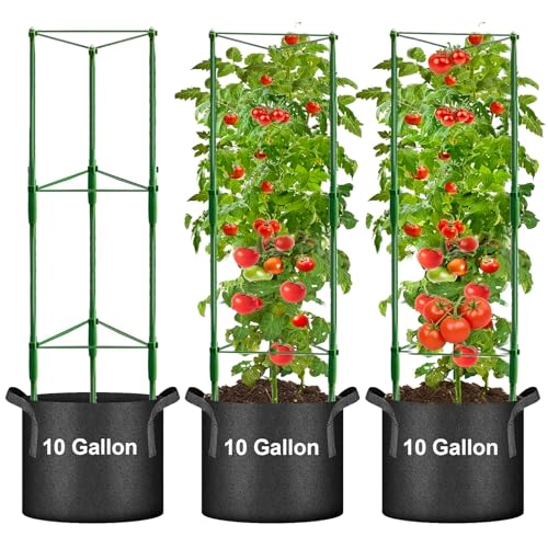 3 Pack Tomato Cage with 10 Gallon Grow Bags, 48" Height Adjustable Tomato Trellis with 65Ft Twist Tie, Heavy Duty Tomato Cages for Garden Flowers Vegetables Climbing Plants