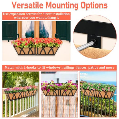 Riare 3 Pack 24 Inch Metal Railing Planter Window Box with Coco Liner- Adjustable Window Flower Boxes for Railings, Hanging Rail Planters for Deck, Balcony, Porch, Fence, Indoor Outdoor Plants - size: 24in