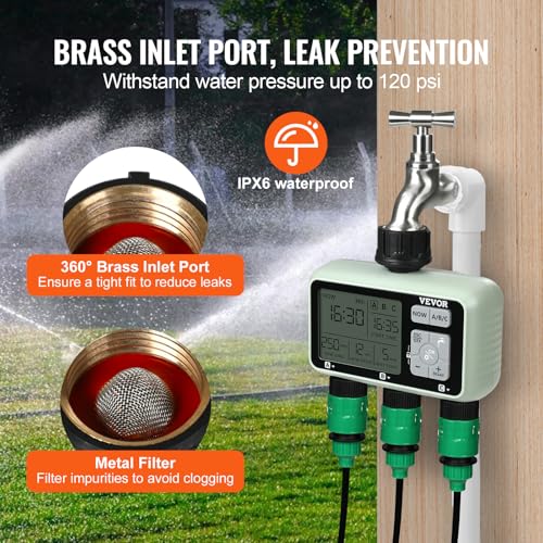 VEVOR Water Timer, 3 Outlets, Hose Watering Sprinkler Timer, with 3 Independent Watering Zone LCD Display Rain Delay Mode Manual Mode 360° Brass Inlet Metal Filter, IPX6 Waterproof for Yard Watering - style: 3 Outlet with LCD Display