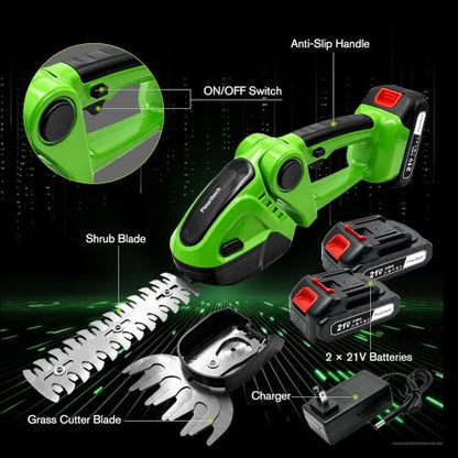 Cordless Hedge Trimmer, Battery Powered Hedge Trimmer with 2*21V Batteries