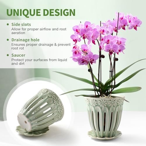 SUADEN 5" Ceramic Orchid Pots with Holes, Drainage and Separate Saucer - color: Green, size: Round