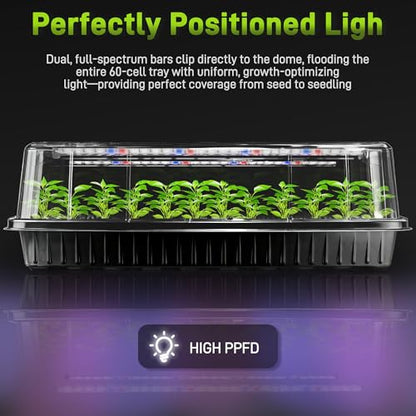 Mulctun 60-Cell Seed Starter Tray with Grow Light, Seedling Starter Trays with 4.08" Humidity Dome, Self-Watering Plant Germination Trays,Seed Starter Kit for Seeds Growing (Black) - size: 1 Pack