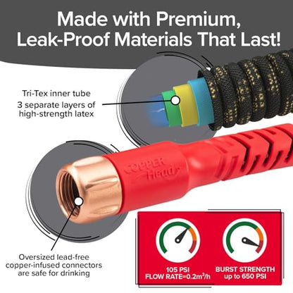 Pocket Hose Copper Head 50 FT Expandable Garden Hose, Pocket Pivot, Nozzle