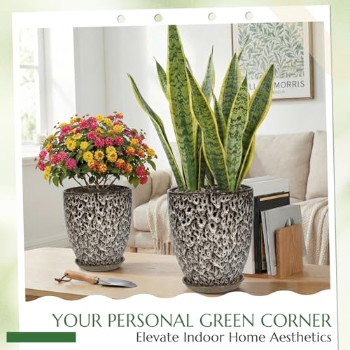 9.5 Inch Flower Pots for Indoor Plants,Ceramic Planter with Saucer Drainage Leak-Proof Mesh Gardening Gloves (Spotted White) - color: Spotted White, size: 9.5 Inch