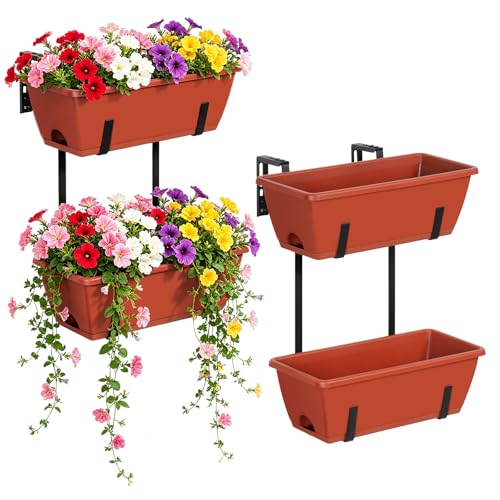 Railing Planter Box Set of 2, 4 Pack Brick Red Window Boxes Planters - color: Brick Red