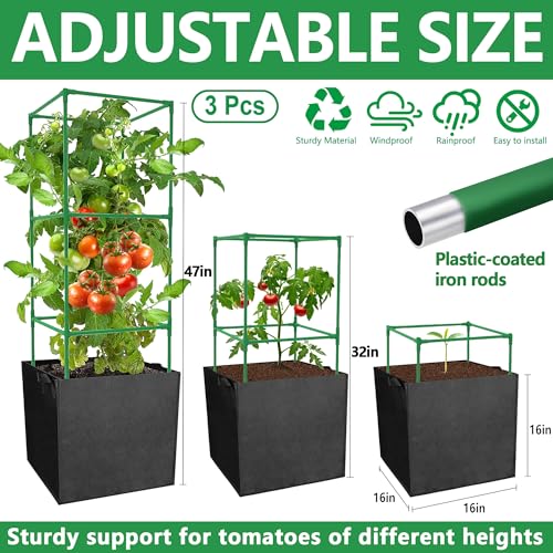3 Packs 47 x 16 x 16 Inch Garden Tomato Cages with 17 Gallon Grow Bags- Square Plant Support Trellis Assembled with Planter Bags- Garden Cucumber Vegetables Frames for Vertical Climbing Plants - style: Square-3 Set