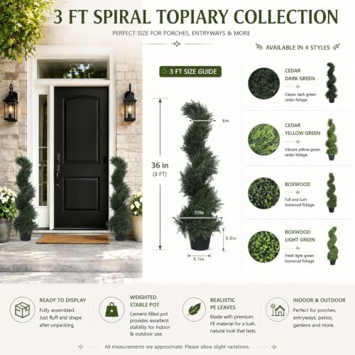 THE BLOOM TIMES 3ft Tall Spiral Topiary Trees Artificial Outdoor Set of 2 - color: Cedar Dark Green, size: 3ft