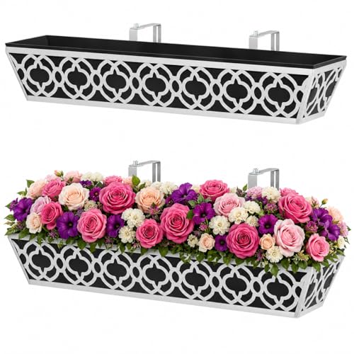 Y&M 2Pack 30'' Metal Railing Planter Box with Black Non-Woven Fabric Liner, Flower Boxes with Adjustable Brackets, Large Hanging Window Boxes for Fence, Deck, Balcony, and Garden - Gray 2p - size: Flower 30in 2P-Gray