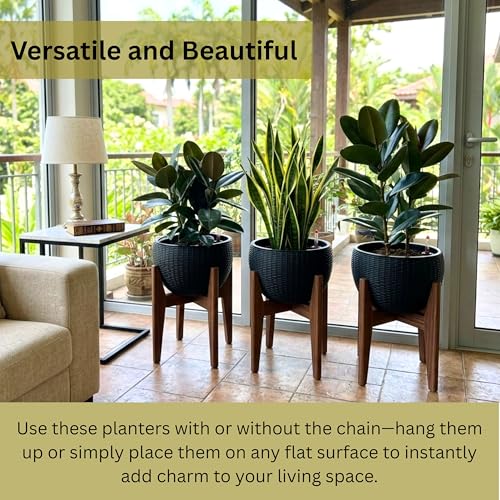 LaLaGreen Indoor Hanging Planters (11in, 3 Pack) Self-Watering Flower Pots - color: Black X 3