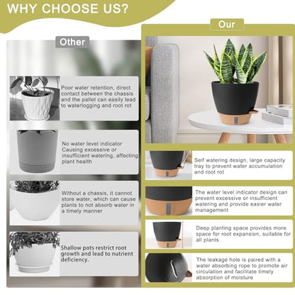 Self Watering Pots for Indoor Plants 12/10/9/8 Inch Plastic with Reservoir - color: Black