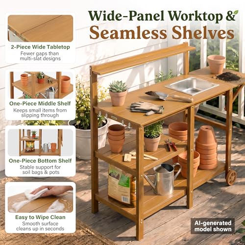 YEFU Potting Bench with Sink, All-Weather Resistant,Teak - color: Teak, size: Premium