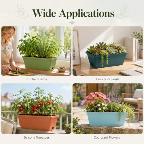 12 Pack Long Flower pots, 16.9 x 7.5 x 5.9 in Rectangular Flower Pots with Saucers and Drainage Holes, 6 Plastic Flower Pots for Vegetables, Flowers, Windowsill, Balcony, Garden