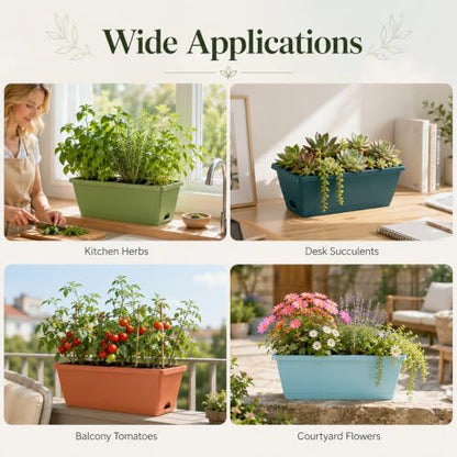 12 Pack Long Flower pots, 16.9 x 7.5 x 5.9 in Rectangular Flower Pots with Saucers and Drainage Holes, 6 Plastic Flower Pots for Vegetables, Flowers, Windowsill, Balcony, Garden