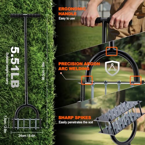 Bluesea Lawn Aerator Tool - 16 Iron Spikes with Ergonomic T-Handle, Automatic Dirt Clean for Soil Loosening & Yard Aeration, Manual Metal Grass Aerator (Black) - color: Black