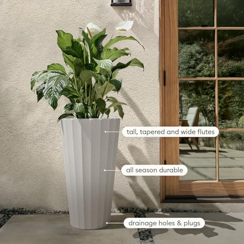 Veradek Column Series Tall Planter - Tapered Outdoor Planter with Shelf - color: White, style: Wide Groove