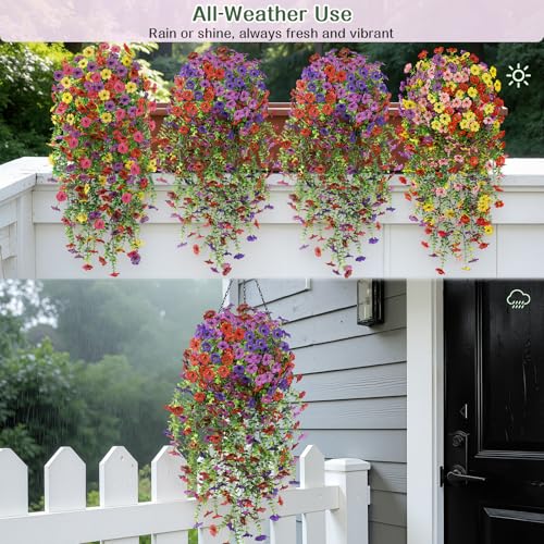 Alupssuc 4PCS Artificial Hanging Flowers UV Resistant Silk Daisy, 4 Colors - color: Red Brown Purple Deep Purple
