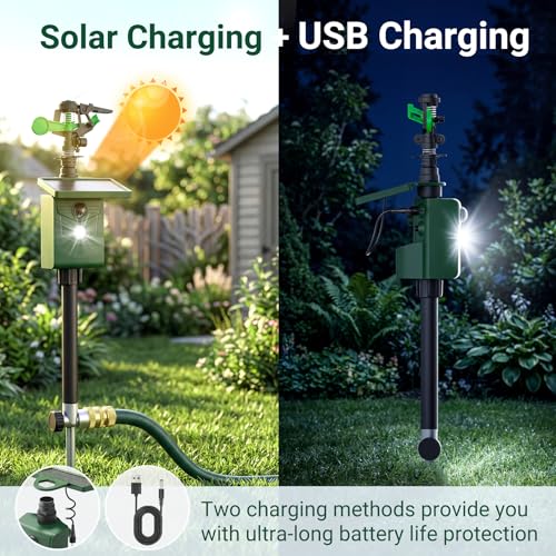 2 Packs Motion Activated Deer Repellent with Water Sprinkler, Solar Powered Cat Repellent Outdoor, IP65 Waterproof Deer Repellent Devices with Flashing Light, Deter Dogs Skunks Raccoons from Garden