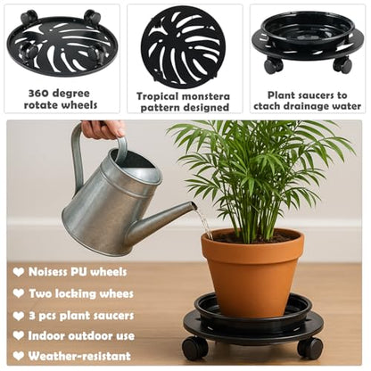 2-Pack 13.5" Round Metal Plant Caddy with Wheels Heavy-Duty Large Rolling Plant Stand Indoor Outdoor Wheeled Planter Dolly Cart Coaster Flower Pot Mover Roller Base, Garden Trolley - size: 13.5 in