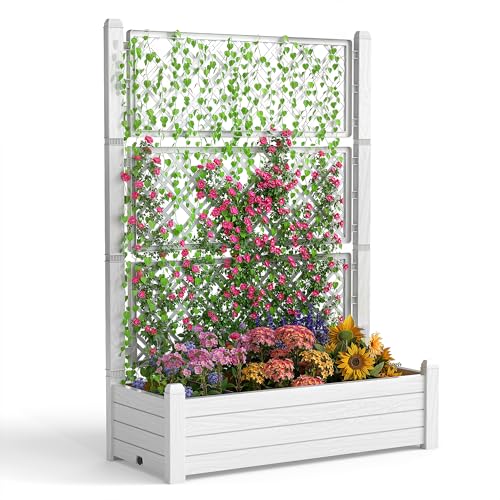 EasyUp Raised Garden Bed with Trellis for Climbing Plants, Outdoor Herb Planter Box with Drainage Plug & Water Gauge, Durable Resin for Patio, Balcony, Yard, Dust-Proof Garden Planter